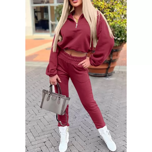 imagePRETTYGARDEN Womens 2 Piece Tracksuit Outfit Long Sleeve Zip Up Sweatshirt High Waist Jogger Sweatpants SetWine Red