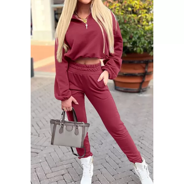 imagePRETTYGARDEN Womens 2 Piece Tracksuit Outfit Long Sleeve Zip Up Sweatshirt High Waist Jogger Sweatpants SetWine Red