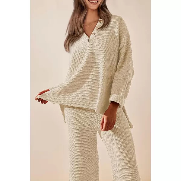 imagePRETTYGARDEN Womens 2 Piece Tracksuit Outfits 2023 Fall Knit Sweater And Wide Leg Pants Sweatsuit Lounge SetsBeige