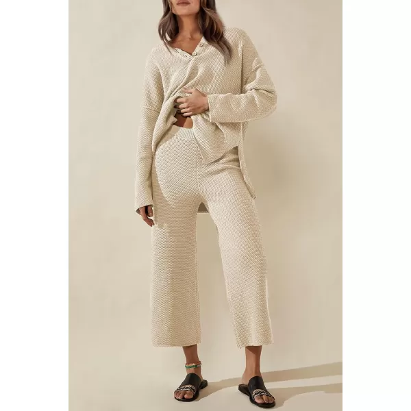 imagePRETTYGARDEN Womens 2 Piece Tracksuit Outfits 2023 Fall Knit Sweater And Wide Leg Pants Sweatsuit Lounge SetsBeige