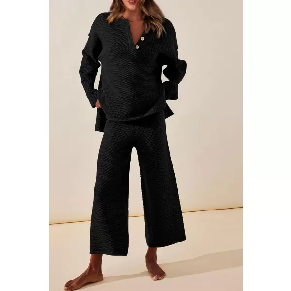 imagePRETTYGARDEN Womens 2 Piece Tracksuit Outfits 2023 Fall Knit Sweater And Wide Leg Pants Sweatsuit Lounge SetsBlack