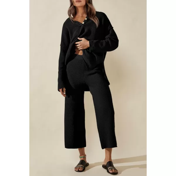 imagePRETTYGARDEN Womens 2 Piece Tracksuit Outfits 2023 Fall Knit Sweater And Wide Leg Pants Sweatsuit Lounge SetsBlack