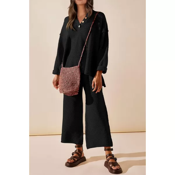 imagePRETTYGARDEN Womens 2 Piece Tracksuit Outfits 2023 Fall Knit Sweater And Wide Leg Pants Sweatsuit Lounge SetsBlack