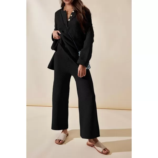 imagePRETTYGARDEN Womens 2 Piece Tracksuit Outfits 2023 Fall Knit Sweater And Wide Leg Pants Sweatsuit Lounge SetsBlack