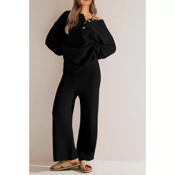 imagePRETTYGARDEN Womens 2 Piece Tracksuit Outfits 2023 Fall Knit Sweater And Wide Leg Pants Sweatsuit Lounge SetsBlack