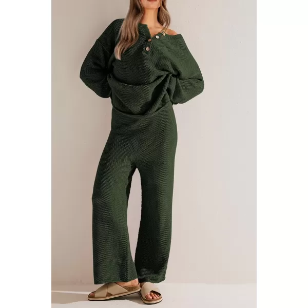 imagePRETTYGARDEN Womens 2 Piece Tracksuit Outfits 2023 Fall Knit Sweater And Wide Leg Pants Sweatsuit Lounge SetsDark Army Green