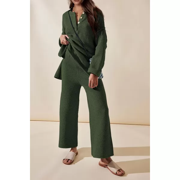 imagePRETTYGARDEN Womens 2 Piece Tracksuit Outfits 2023 Fall Knit Sweater And Wide Leg Pants Sweatsuit Lounge SetsDark Army Green