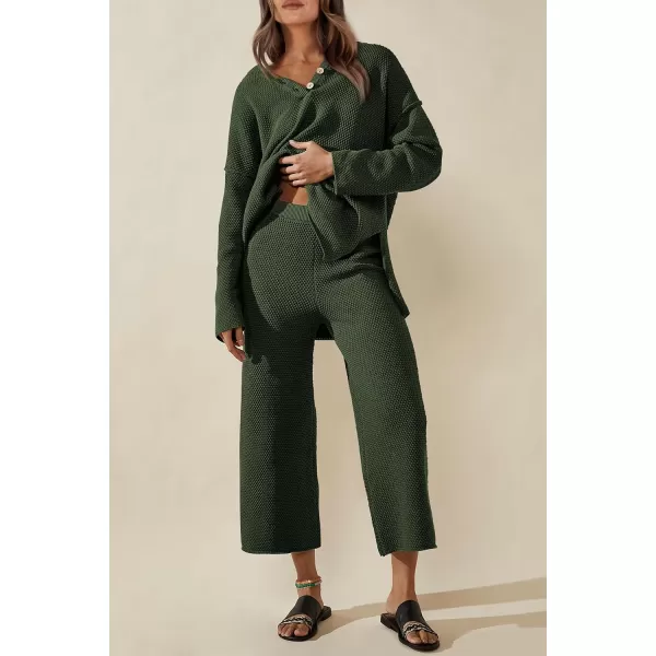 imagePRETTYGARDEN Womens 2 Piece Tracksuit Outfits 2023 Fall Knit Sweater And Wide Leg Pants Sweatsuit Lounge SetsDark Army Green