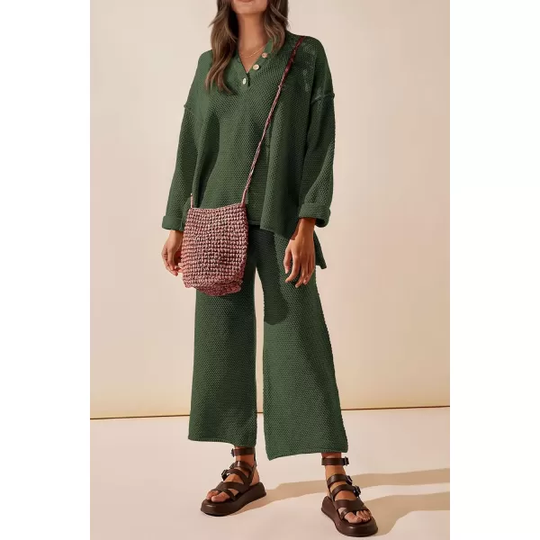 imagePRETTYGARDEN Womens 2 Piece Tracksuit Outfits 2023 Fall Knit Sweater And Wide Leg Pants Sweatsuit Lounge SetsDark Army Green