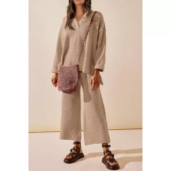 imagePRETTYGARDEN Womens 2 Piece Tracksuit Outfits 2023 Fall Knit Sweater And Wide Leg Pants Sweatsuit Lounge SetsKhaki