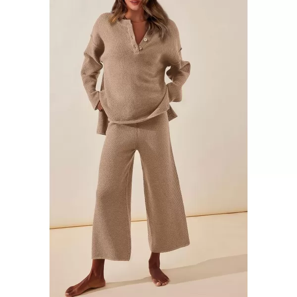 imagePRETTYGARDEN Womens 2 Piece Tracksuit Outfits 2023 Fall Knit Sweater And Wide Leg Pants Sweatsuit Lounge SetsKhaki