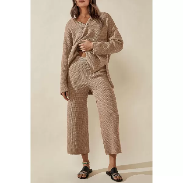 imagePRETTYGARDEN Womens 2 Piece Tracksuit Outfits 2023 Fall Knit Sweater And Wide Leg Pants Sweatsuit Lounge SetsKhaki
