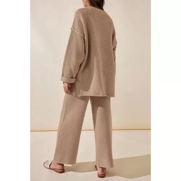 imagePRETTYGARDEN Womens 2 Piece Tracksuit Outfits 2023 Fall Knit Sweater And Wide Leg Pants Sweatsuit Lounge SetsKhaki