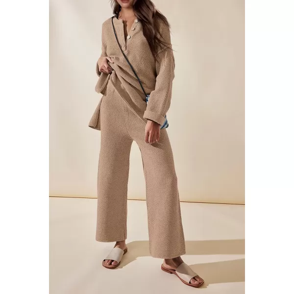 imagePRETTYGARDEN Womens 2 Piece Tracksuit Outfits 2023 Fall Knit Sweater And Wide Leg Pants Sweatsuit Lounge SetsKhaki