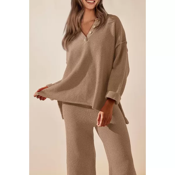 imagePRETTYGARDEN Womens 2 Piece Tracksuit Outfits 2023 Fall Knit Sweater And Wide Leg Pants Sweatsuit Lounge SetsKhaki