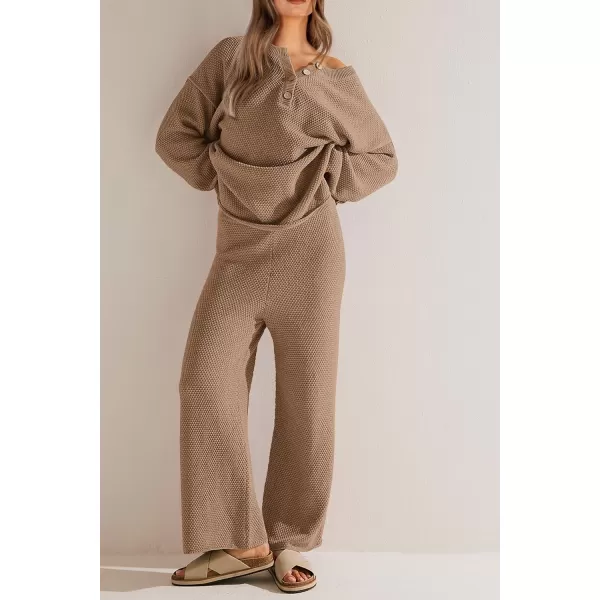 imagePRETTYGARDEN Womens 2 Piece Tracksuit Outfits 2023 Fall Knit Sweater And Wide Leg Pants Sweatsuit Lounge SetsKhaki