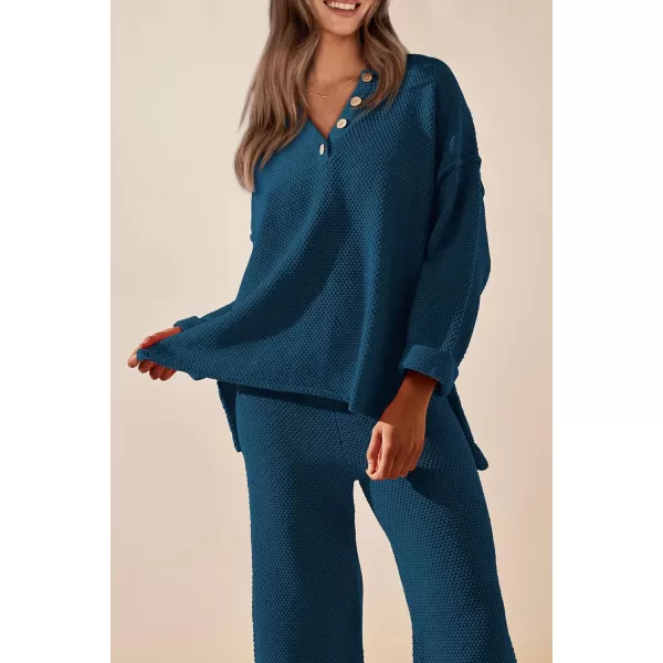 imagePRETTYGARDEN Womens 2 Piece Tracksuit Outfits 2023 Fall Knit Sweater And Wide Leg Pants Sweatsuit Lounge SetsLake Blue