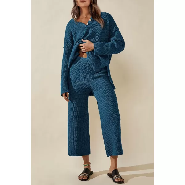 imagePRETTYGARDEN Womens 2 Piece Tracksuit Outfits 2023 Fall Knit Sweater And Wide Leg Pants Sweatsuit Lounge SetsLake Blue