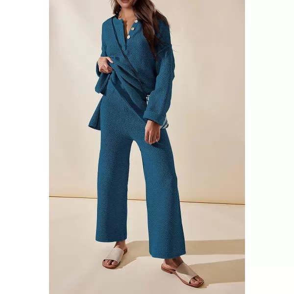 imagePRETTYGARDEN Womens 2 Piece Tracksuit Outfits 2023 Fall Knit Sweater And Wide Leg Pants Sweatsuit Lounge SetsLake Blue