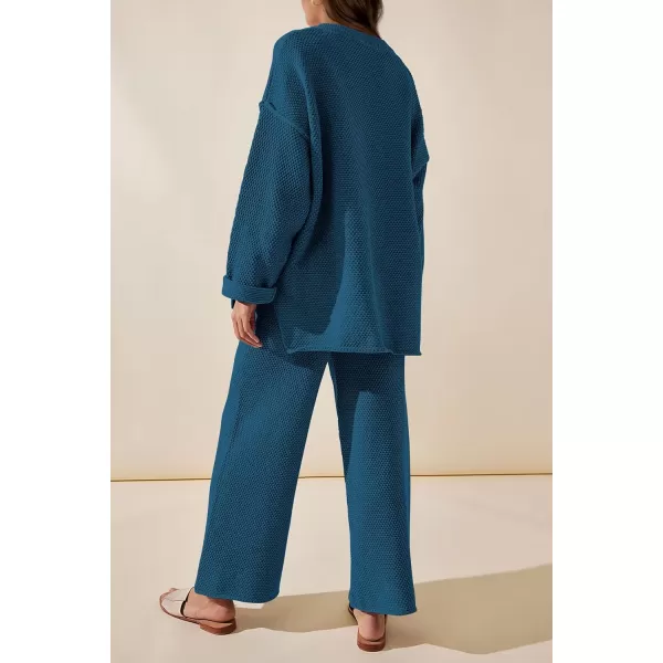 imagePRETTYGARDEN Womens 2 Piece Tracksuit Outfits 2023 Fall Knit Sweater And Wide Leg Pants Sweatsuit Lounge SetsLake Blue