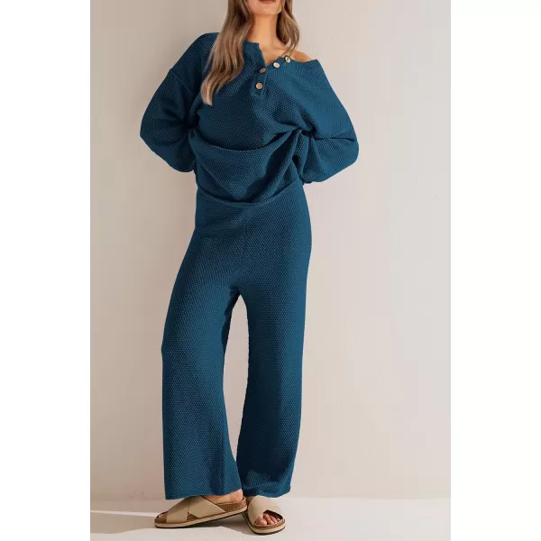 imagePRETTYGARDEN Womens 2 Piece Tracksuit Outfits 2023 Fall Knit Sweater And Wide Leg Pants Sweatsuit Lounge SetsLake Blue