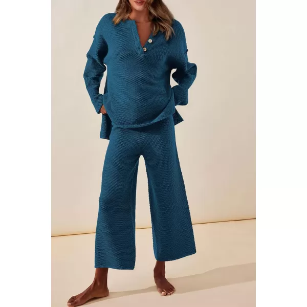 imagePRETTYGARDEN Womens 2 Piece Tracksuit Outfits 2023 Fall Knit Sweater And Wide Leg Pants Sweatsuit Lounge SetsLake Blue