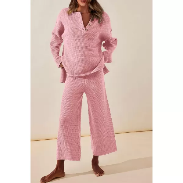 imagePRETTYGARDEN Womens 2 Piece Tracksuit Outfits 2023 Fall Knit Sweater And Wide Leg Pants Sweatsuit Lounge SetsPink