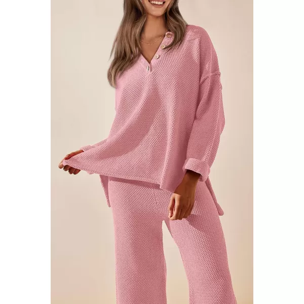 imagePRETTYGARDEN Womens 2 Piece Tracksuit Outfits 2023 Fall Knit Sweater And Wide Leg Pants Sweatsuit Lounge SetsPink