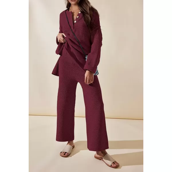 imagePRETTYGARDEN Womens 2 Piece Tracksuit Outfits 2023 Fall Knit Sweater And Wide Leg Pants Sweatsuit Lounge SetsWine Red