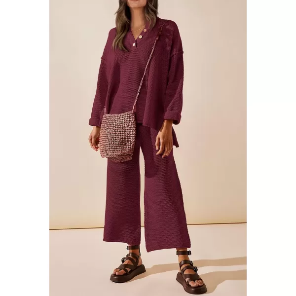 imagePRETTYGARDEN Womens 2 Piece Tracksuit Outfits 2023 Fall Knit Sweater And Wide Leg Pants Sweatsuit Lounge SetsWine Red