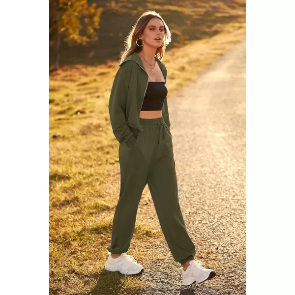 imagePRETTYGARDEN Womens 2 Piece Tracksuit Outfits Long Sleeve Zip Up Sweatshirt Drawstring Sweatpants Lounge SetArmy Green