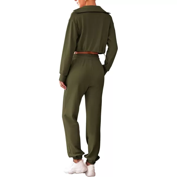 imagePRETTYGARDEN Womens 2 Piece Tracksuit Outfits Long Sleeve Zip Up Sweatshirt Drawstring Sweatpants Lounge SetArmy Green