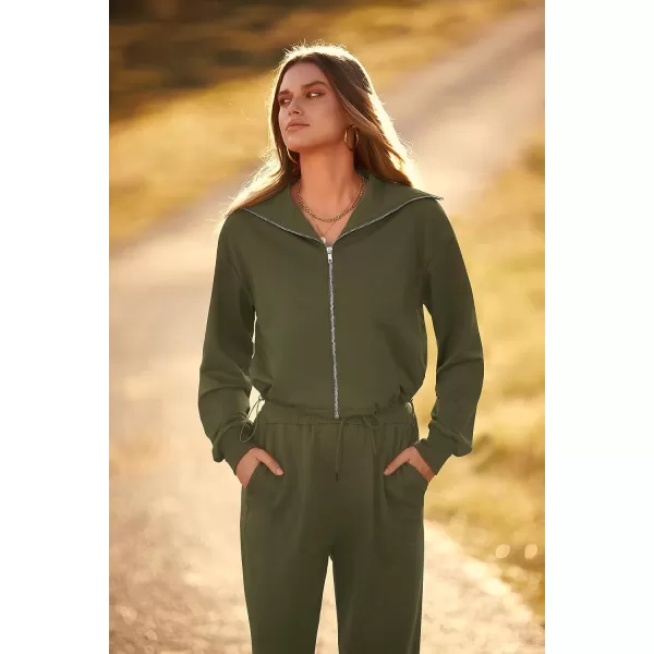 imagePRETTYGARDEN Womens 2 Piece Tracksuit Outfits Long Sleeve Zip Up Sweatshirt Drawstring Sweatpants Lounge SetArmy Green
