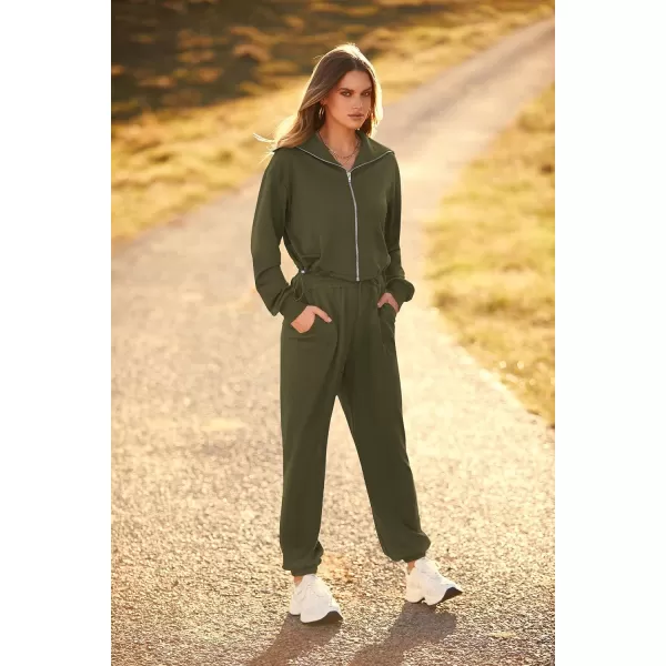 imagePRETTYGARDEN Womens 2 Piece Tracksuit Outfits Long Sleeve Zip Up Sweatshirt Drawstring Sweatpants Lounge SetArmy Green