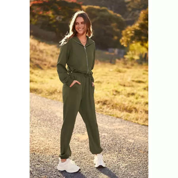 imagePRETTYGARDEN Womens 2 Piece Tracksuit Outfits Long Sleeve Zip Up Sweatshirt Drawstring Sweatpants Lounge SetArmy Green