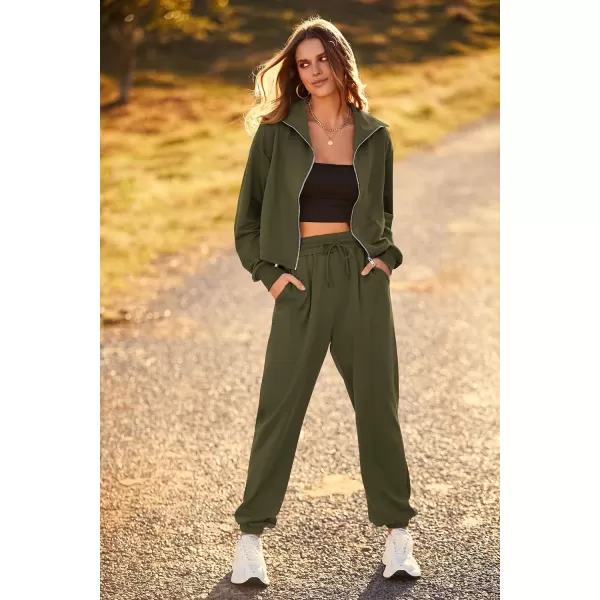 imagePRETTYGARDEN Womens 2 Piece Tracksuit Outfits Long Sleeve Zip Up Sweatshirt Drawstring Sweatpants Lounge SetArmy Green