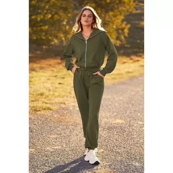 imagePRETTYGARDEN Womens 2 Piece Tracksuit Outfits Long Sleeve Zip Up Sweatshirt Drawstring Sweatpants Lounge SetArmy Green