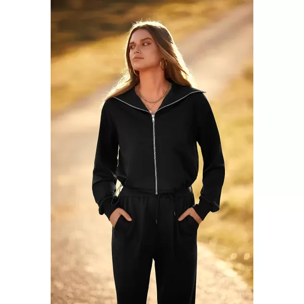 imagePRETTYGARDEN Womens 2 Piece Tracksuit Outfits Long Sleeve Zip Up Sweatshirt Drawstring Sweatpants Lounge SetBlack