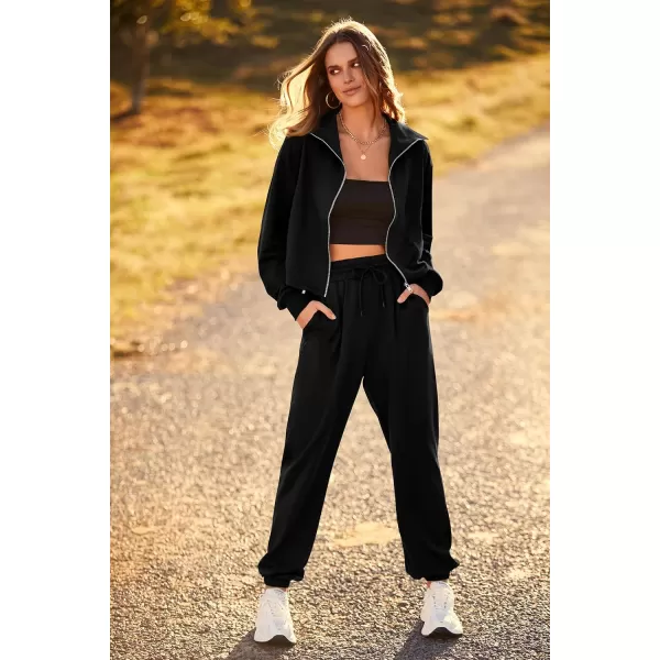 imagePRETTYGARDEN Womens 2 Piece Tracksuit Outfits Long Sleeve Zip Up Sweatshirt Drawstring Sweatpants Lounge SetBlack