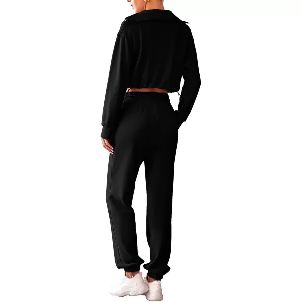 imagePRETTYGARDEN Womens 2 Piece Tracksuit Outfits Long Sleeve Zip Up Sweatshirt Drawstring Sweatpants Lounge SetBlack