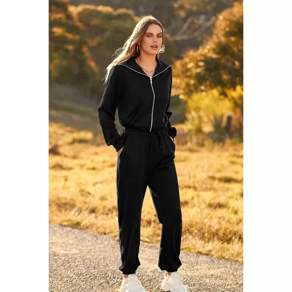 imagePRETTYGARDEN Womens 2 Piece Tracksuit Outfits Long Sleeve Zip Up Sweatshirt Drawstring Sweatpants Lounge SetBlack
