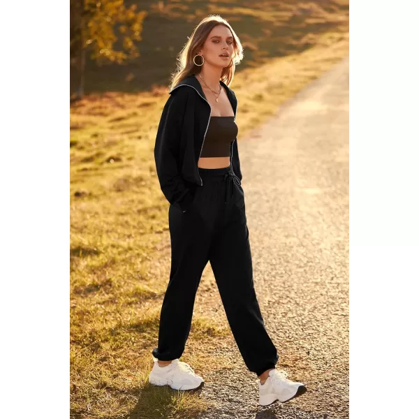 imagePRETTYGARDEN Womens 2 Piece Tracksuit Outfits Long Sleeve Zip Up Sweatshirt Drawstring Sweatpants Lounge SetBlack