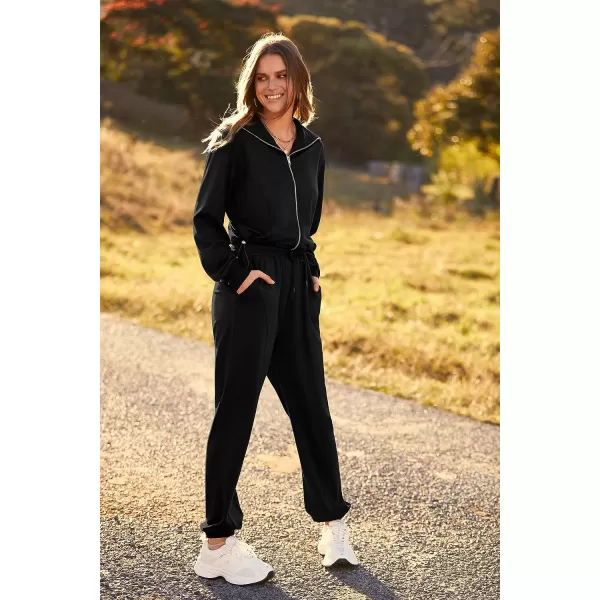 imagePRETTYGARDEN Womens 2 Piece Tracksuit Outfits Long Sleeve Zip Up Sweatshirt Drawstring Sweatpants Lounge SetBlack