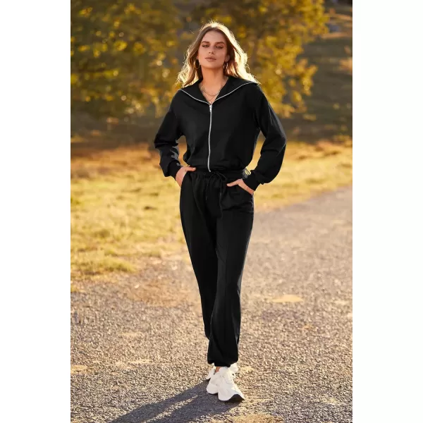 imagePRETTYGARDEN Womens 2 Piece Tracksuit Outfits Long Sleeve Zip Up Sweatshirt Drawstring Sweatpants Lounge SetBlack