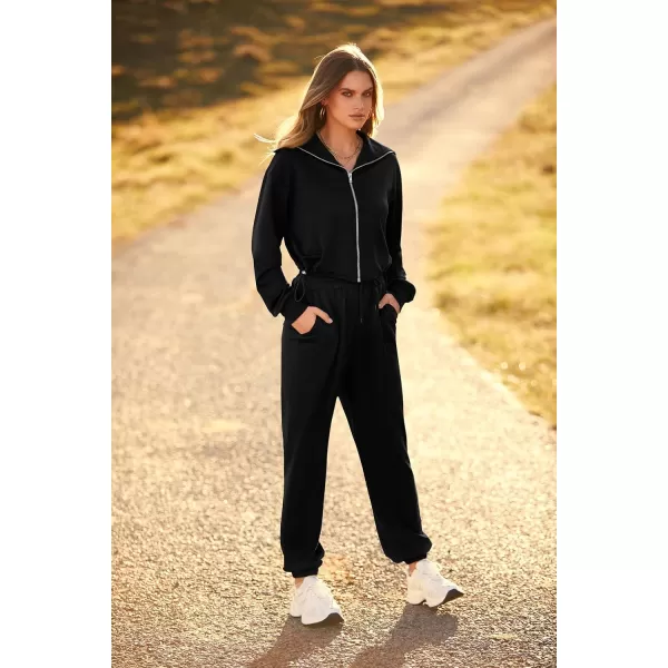 imagePRETTYGARDEN Womens 2 Piece Tracksuit Outfits Long Sleeve Zip Up Sweatshirt Drawstring Sweatpants Lounge SetBlack