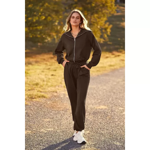imagePRETTYGARDEN Womens 2 Piece Tracksuit Outfits Long Sleeve Zip Up Sweatshirt Drawstring Sweatpants Lounge SetCoffee