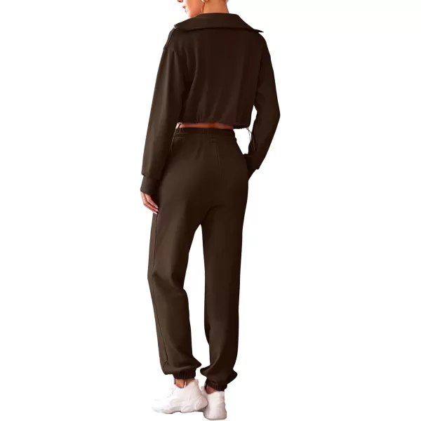 imagePRETTYGARDEN Womens 2 Piece Tracksuit Outfits Long Sleeve Zip Up Sweatshirt Drawstring Sweatpants Lounge SetCoffee