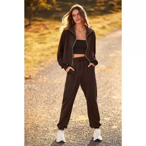 imagePRETTYGARDEN Womens 2 Piece Tracksuit Outfits Long Sleeve Zip Up Sweatshirt Drawstring Sweatpants Lounge SetCoffee