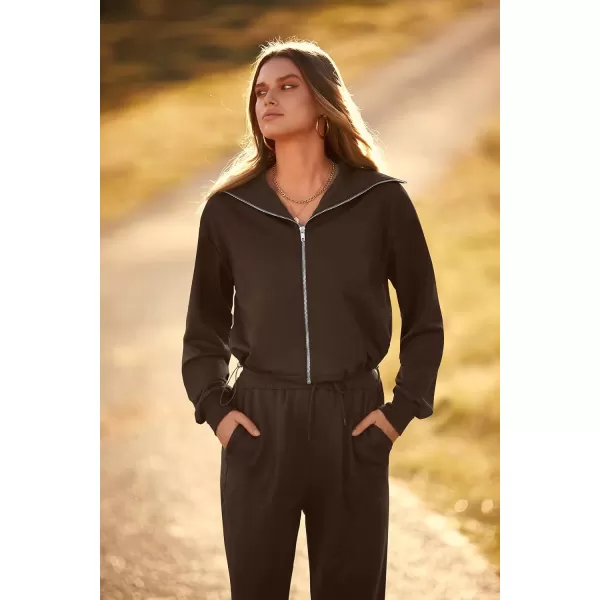 imagePRETTYGARDEN Womens 2 Piece Tracksuit Outfits Long Sleeve Zip Up Sweatshirt Drawstring Sweatpants Lounge SetCoffee