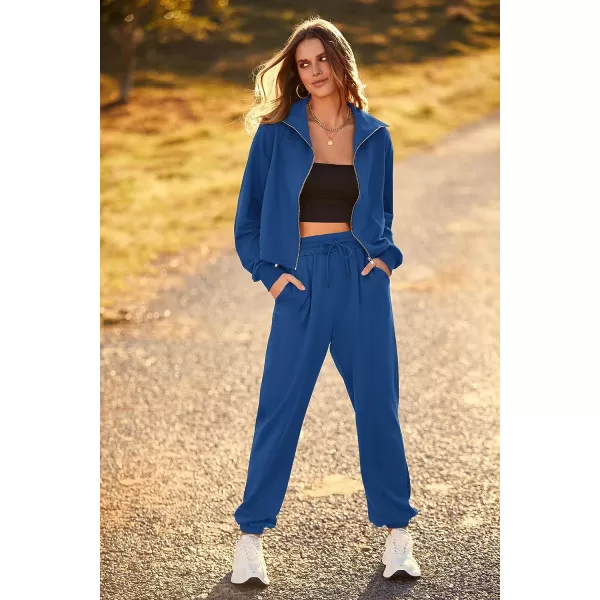 imagePRETTYGARDEN Womens 2 Piece Tracksuit Outfits Long Sleeve Zip Up Sweatshirt Drawstring Sweatpants Lounge SetDark Blue